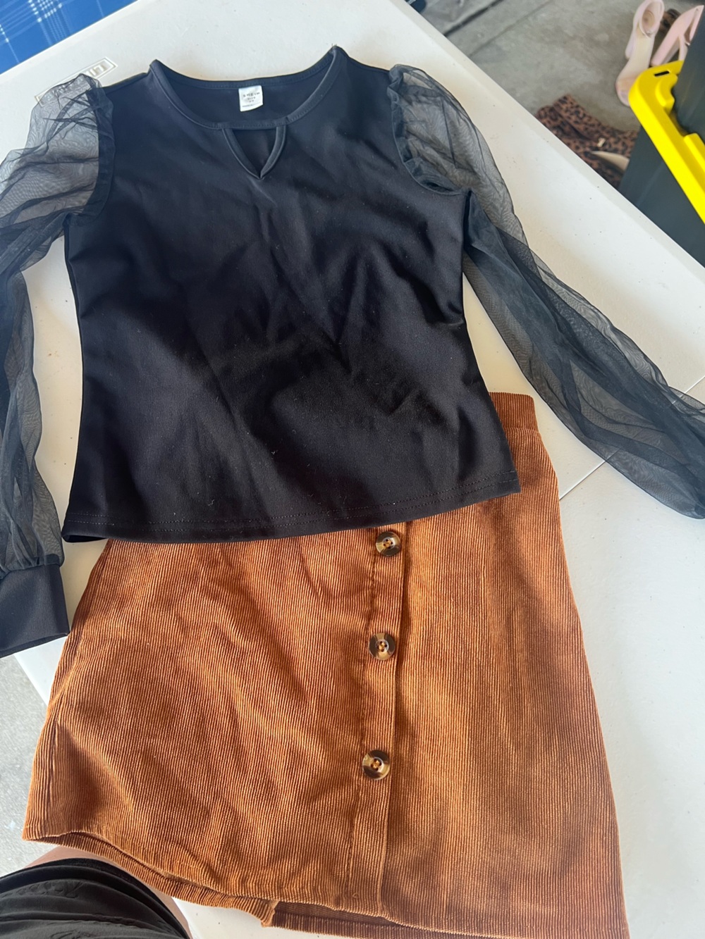 SHEIN Black Top with Brown Corduroy Skirt Kids Matching Set